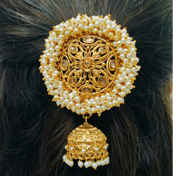 JB-0005-FB-1 Traditional pearl Jada Billa hair accessory with gold finish and hanging jhumka, used for South Indian bridal braid decoration