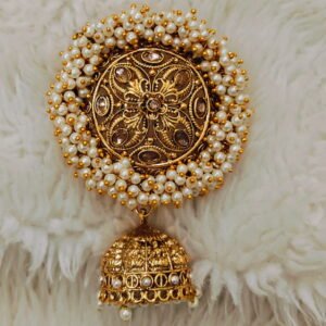 Traditional pearl Jada Billa hair accessory with gold finish and hanging jhumka, used for South Indian bridal braid decoration